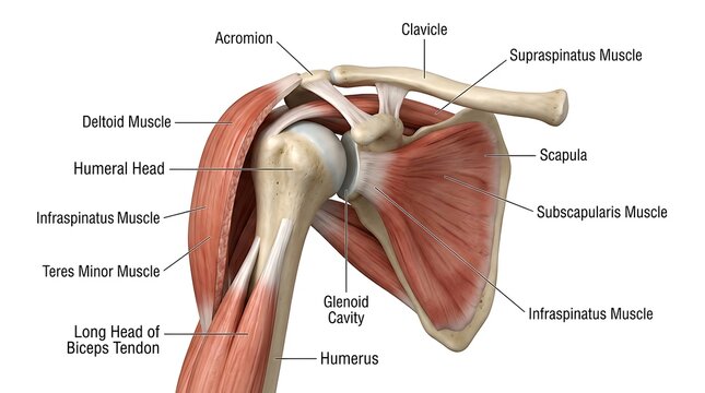 Anatomical diagram of the human shoulder joint with labeled muscles and bones