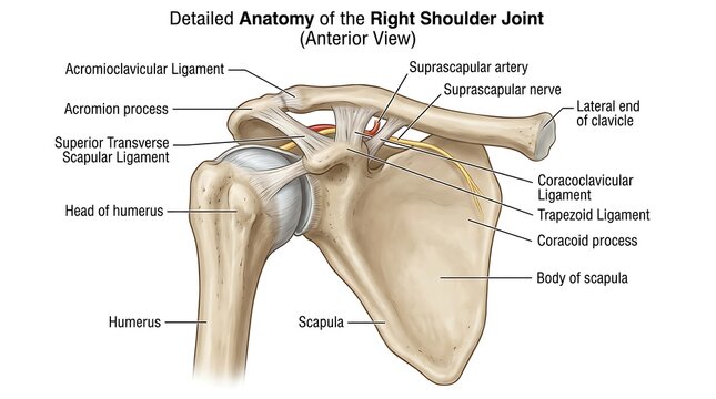 Detailed anatomy of the right shoulder joint with labeled parts, shoulder
