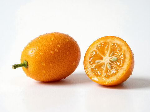 Photorealistic high-resolution studio macro photograph of a ripe kumquat composition on a pure white background