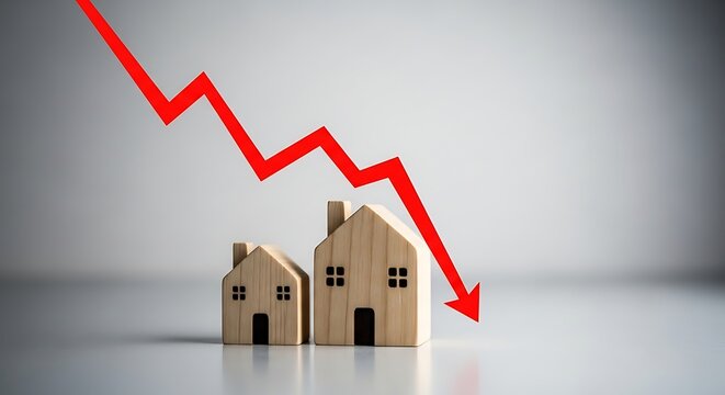 Declining housing market concept with miniature homes and a red downward trending arrow