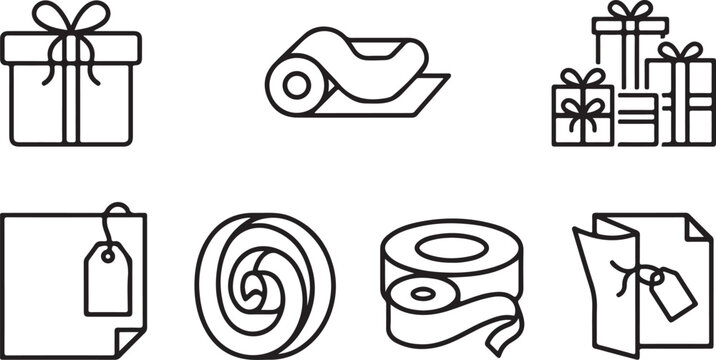 Gift wrapping essentials flat line icons set Vector