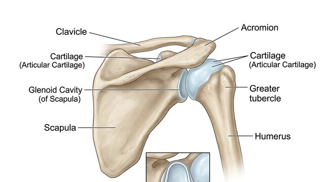 Anatomy of the shoulder joint with labeled parts including clavicle scapula