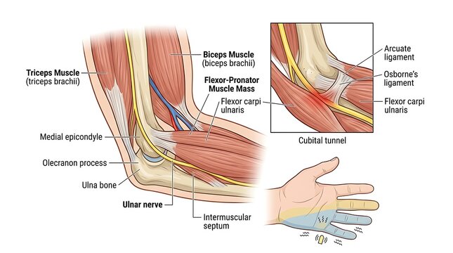Anatomical diagram of the human elbow showing ulnar nerve entrapment