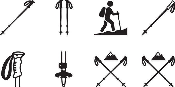 Hiker using trekking poles on a trail with crossed ski poles icons Vector