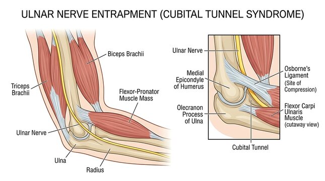 Medical illustration of ulnar nerve entrapment and cubital tunnel syndrome