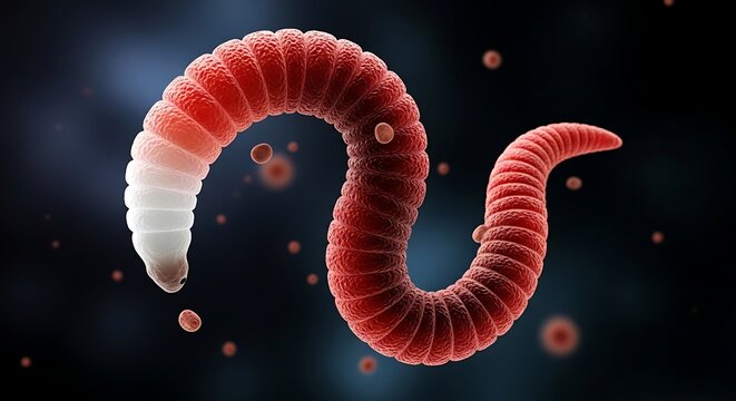 Detailed rendering of a red worm with textured skin against a dark blue background