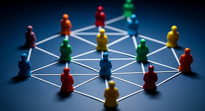 Colorful human figures connected by white lines forming a network on a blue background