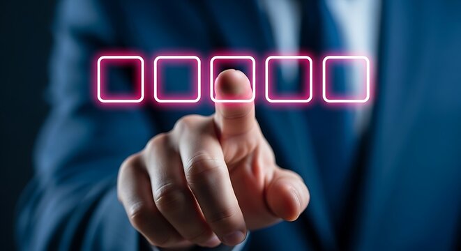 Hand pressing illuminated checkbox selection with blurred business professional in background