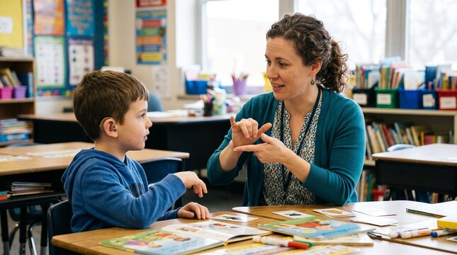 Teacher uses sign language to communicate with a young boy with a hearing aid in a classroom setting
