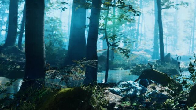 Sunlight filters through tall trees in a dense forest. Green moss covers large rocks on the ground. Ferns and small plants grow among the trees. A peaceful atmosphere surrounds this scene.