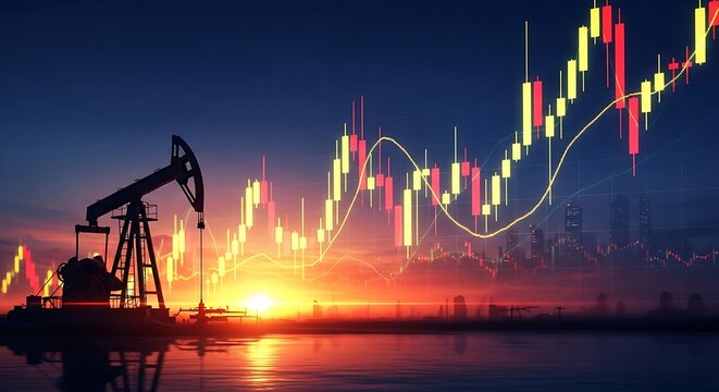 Oil rig silhouette with financial stock market graph and city skyline at sunset