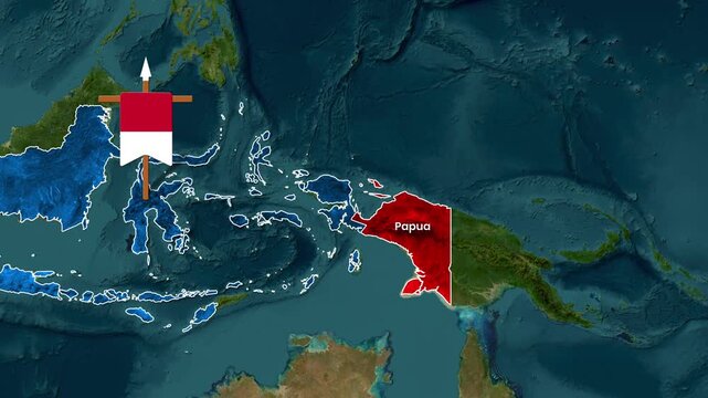 Animated map clip showing Papua highlighted in red with the Indonesian flag