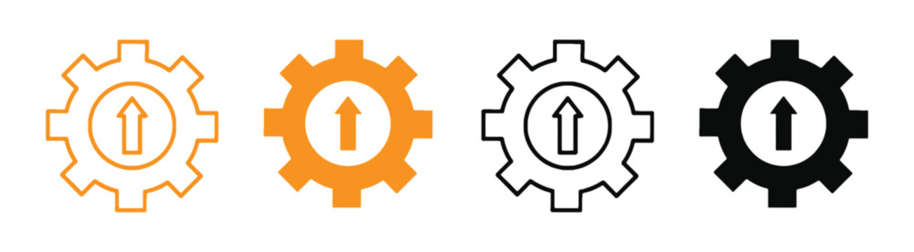 Gear Up Arrow Icons Optimization  Set .Technical Advancement Cogwheel with Outline and Silhouette Symbol .Configuration Update Gearwheel and Growth Arrow Icon Set for Software .