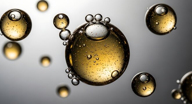 Golden oil droplets suspended in water creating an abstract macro photography background