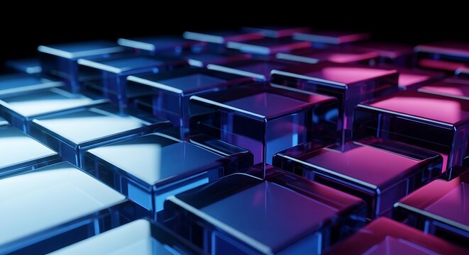 Abstract geometric background with glowing neon blue and pink cubic shapes in 3d render