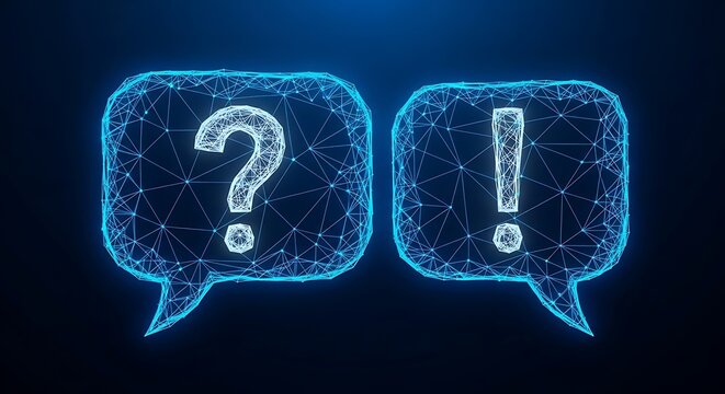 Question mark and exclamation point speech bubbles in glowing blue polygonal wireframe design