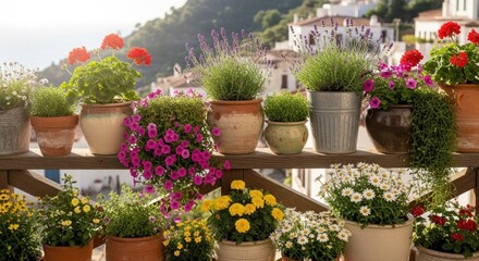 Fototapeta premium Potted flowers on balcony railing with village view.