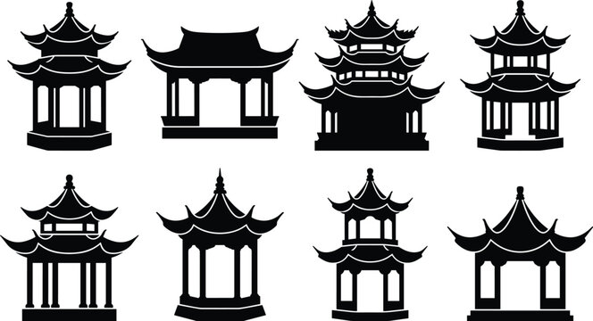 Traditional Asian Pagoda Pavilion Silhouette Set Vector Collection with Oriental Temple Architecture Icons