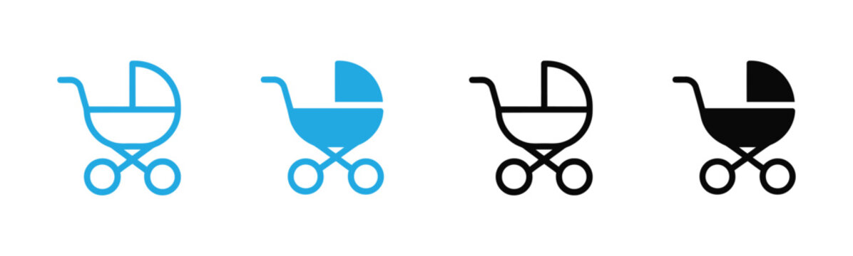 Baby Stroller Icon Set &ndash; Flat Pram and Pushchair Vector Collection for Child Care, Infant Transportation, Parenting, Baby Products, Nursery, Family Lifestyle Symbols .