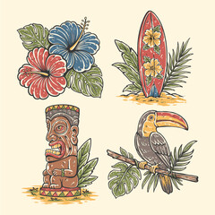 Hawaiian Tropical Beach Illustration Set Hibiscus Flowers, Floral, Surfboard, Tiki Statue, Toucan. for Summer, Travel Vector Collection © Jovi MIng
