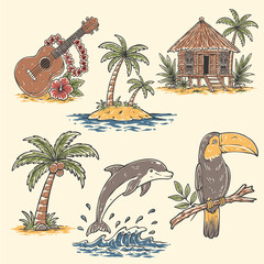 Hawaiian Tropical Vacation Illustration Set Ukulele, Island Hut, Coconut Palm, Dolphin, Toucan. for Summer, Travel Vector Collection © Jovi MIng