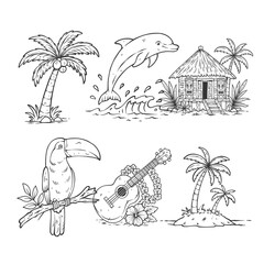 Hawaiian Tropical Line Art Illustration Set Ukulele, Island Hut, Coconut Palm, Dolphin, Toucan. for Coloring Book, Summer, Travel Vector Collection © Jovi MIng