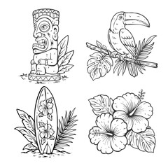 Hawaiian Tropical Line Art Illustration Set Hibiscus Flowers, Tiki Statue, Toucan. for Coloring Book, Summer, Travel Vector Collection © Jovi MIng