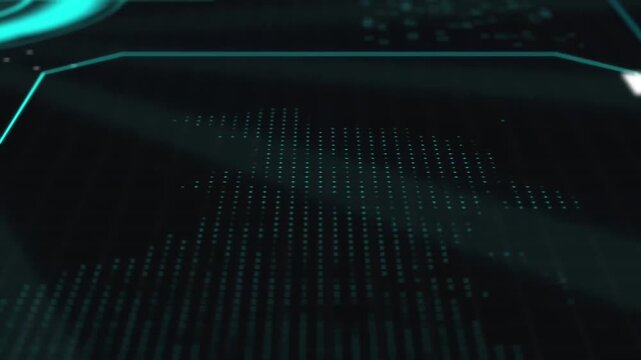 Futuristic HUD Interface with Digital Data Screen, Cyber Security Network Analytics and Sci-Fi Tech Graphic Element Overlaying Abstract Computer Coding