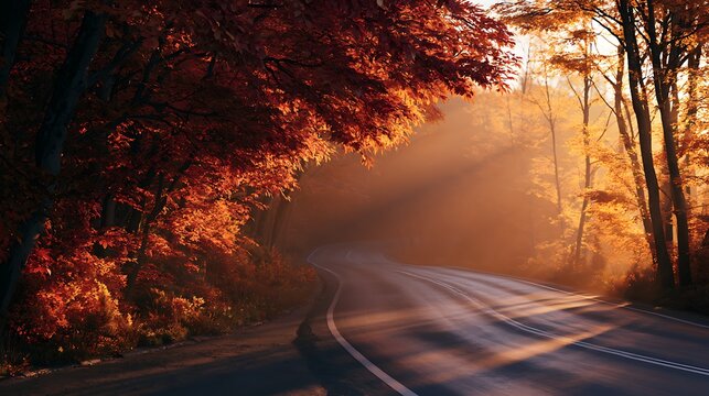 Winding asphalt road passing through colorful autumn forest with sunbeams shining through trees