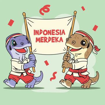 Cute Indonesia Independence Day Carnival Komodo Dragon Mascot Carries a Parade Banner Collection