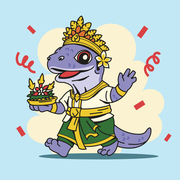 Cute Indonesia Independence Day Carnival Komodo Dragon Mascot Parade Wearing Balinese Traditional Clothes Collection