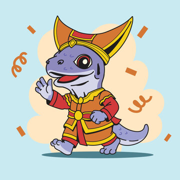 Cute Indonesia Independence Day Carnival Komodo Dragon Mascot Parade Wearing Traditional Minangkabau Clothing Collection