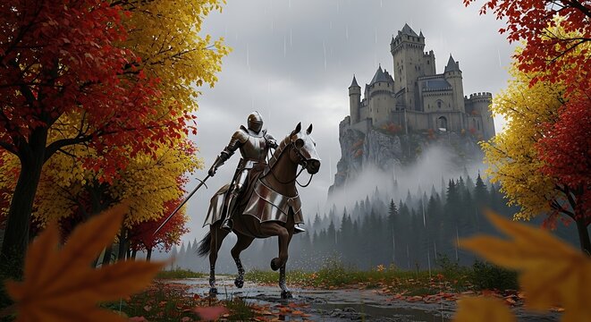 Medieval Knight Riding Horse Toward Ancient Stone Castle in Autumn Forest.