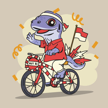 Cute Indonesia Independence Day Carnival Komodo Mascot Parade on Decorated Bicycles Collection