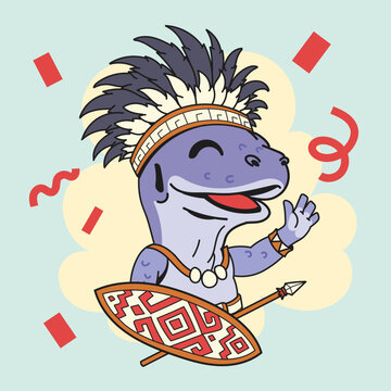 Cute Indonesia Independence Day Carnival Komodo Dragon Mascot The Parade Wears Traditional Papuan Clothing Collection