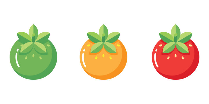 Cartoon Tomato Icon Set. Green, Orange and Red Ripe Tomato Vector Collection.
