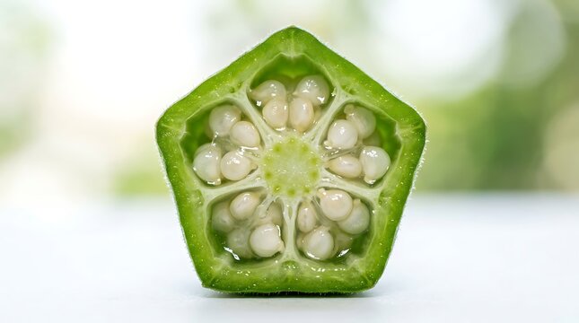 A sliced okra pod from India reveals its inner seeds on a clean surface