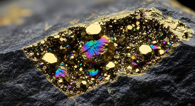 Macro close up of iridescent pyrite crystals embedded in dark raw rock.