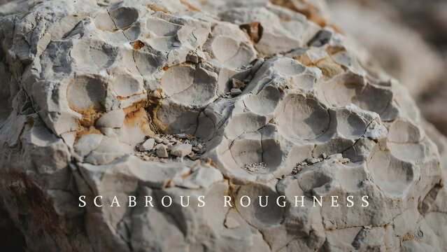 Closeup of a rough textured rock with many circular indentations and cracks on its surface in shades of grey and brown