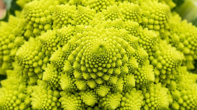 Macro close-up shot of fresh green Romanesco broccoli featuring natural fractal patterns and geometric spirals