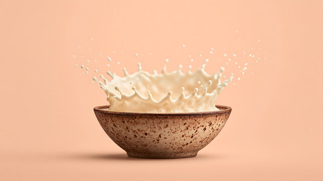Milk splash crown in a ceramic bowl isolated on pastel beige background