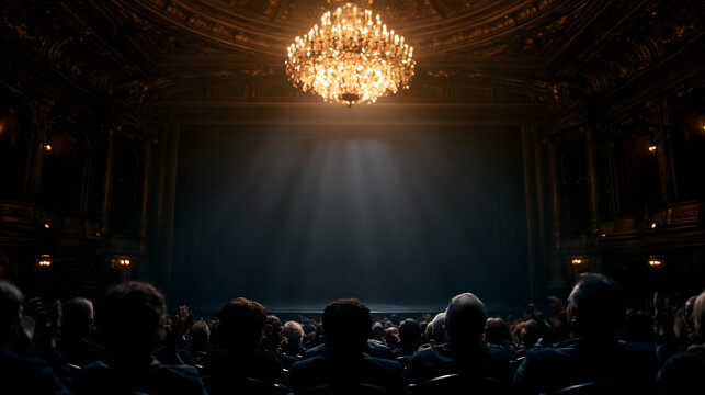 Audience watching performance in grand opera house with dramatic stage lighting and luxury chandelier