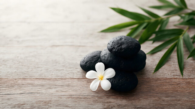 Spa concept with stacked black massage stones plumeria flower and bamboo leaves on wooden background