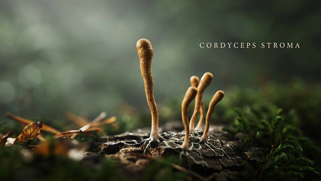 Cordyceps stroma fungi growing on forest floor with green moss and brown leaves