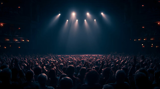 Crowd of people raising hands and applauding in front of a stage illuminated by spotlights at night concert
