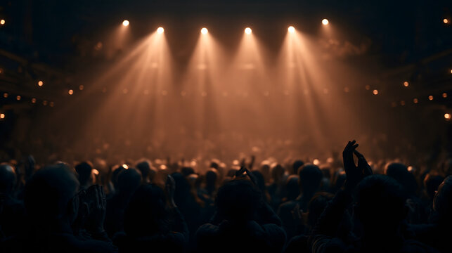 Crowd of people applauding and clapping hands at a live concert or theater show with dramatic stage spotlights