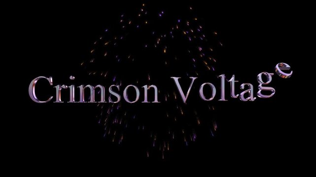 Crimson Voltage text logo design. Metallic 3D typography with sparkling stars on black background.
