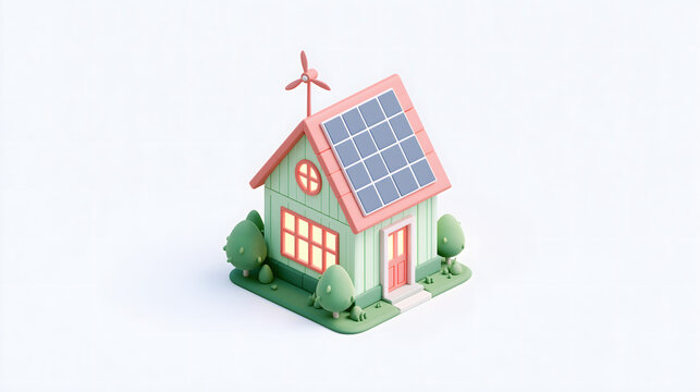 3D render of eco friendly house with solar panels and wind turbine on white background