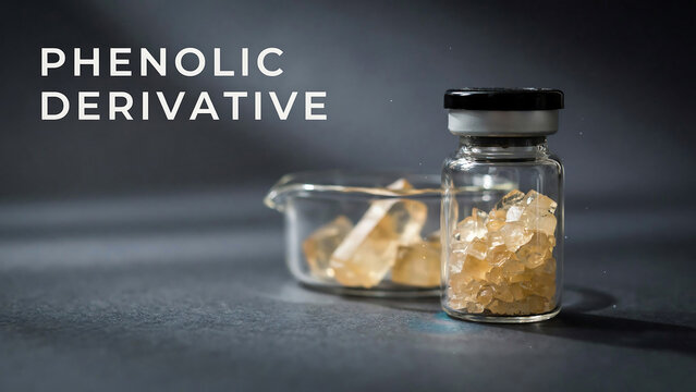 Phenolic derivative crystals in glass vial and dish on gray surface in laboratory setting with dark background