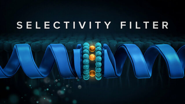 Blue ribbon like structure with selectivity filter and orange and blue beads on a dark background with gradient effect